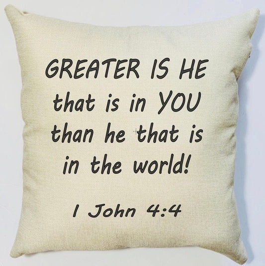 Greater is HE Scripture Pillow Cover Inspiration Cover, Black and Beige Pillow Cover, Home Decor, Bible