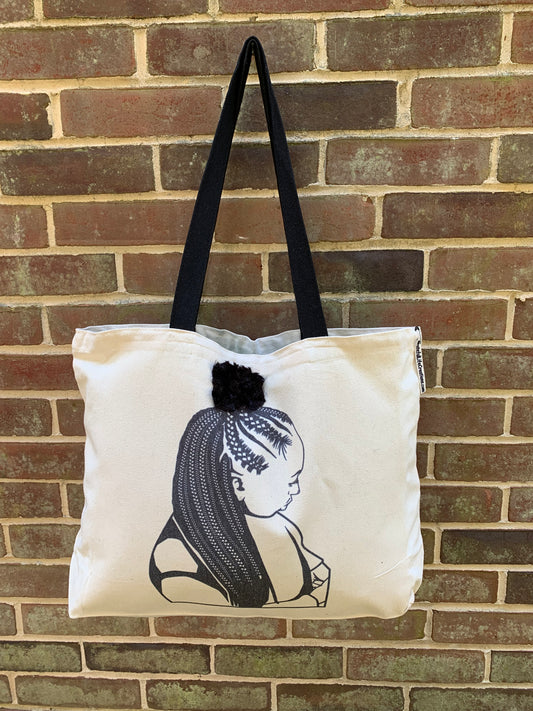 Textured Tote Bag, Corn Rows, Afro Puff, Afro American Woman, Canvas Bag