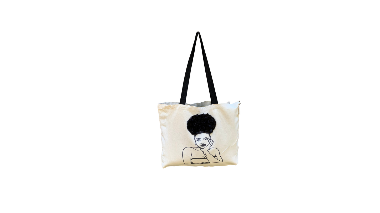 Textured Tote Bag, Afro American Woman Tote, Afro Puff, Canvas Bag