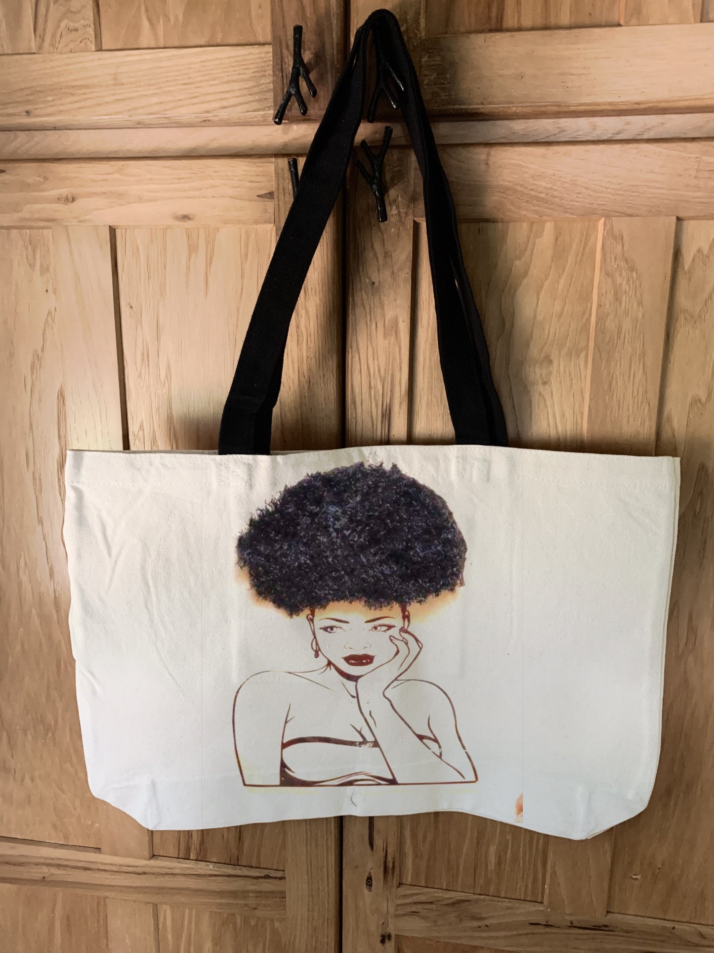 Textured Tote Bag, Afro American Woman Tote, Afro Puff, Canvas Bag