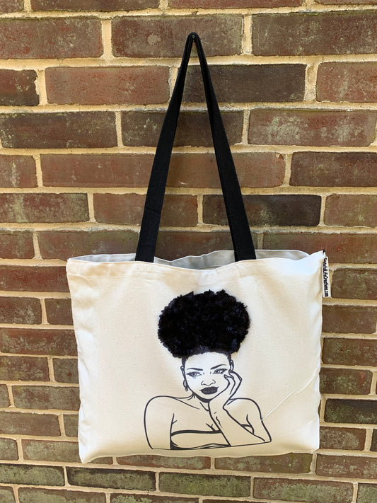 Textured Tote Bag, Afro American Woman Tote, Afro Puff, Canvas Bag